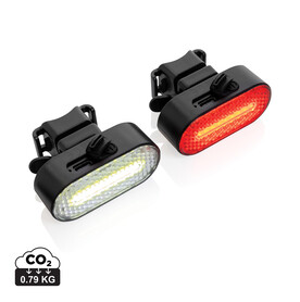 Lumino USB Fahrradlicht-Set aus RCS recyceltem Kunststoff schwarz bedrucken, Art.-Nr. P513.8401