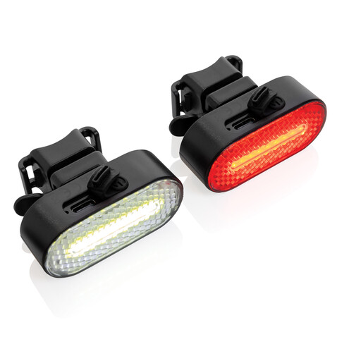 Lumino USB Fahrradlicht-Set aus RCS recyceltem Kunststoff schwarz bedrucken, Art.-Nr. P513.8401