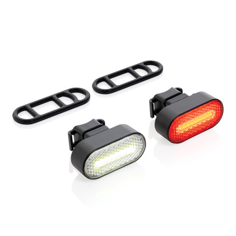Lumino USB Fahrradlicht-Set aus RCS recyceltem Kunststoff schwarz bedrucken, Art.-Nr. P513.8401