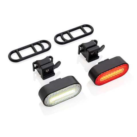 Lumino USB Fahrradlicht-Set aus RCS recyceltem Kunststoff schwarz bedrucken, Art.-Nr. P513.8401