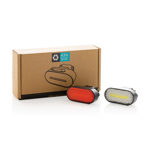 Lumino USB Fahrradlicht-Set aus RCS recyceltem Kunststoff schwarz bedrucken, Art.-Nr. P513.8401