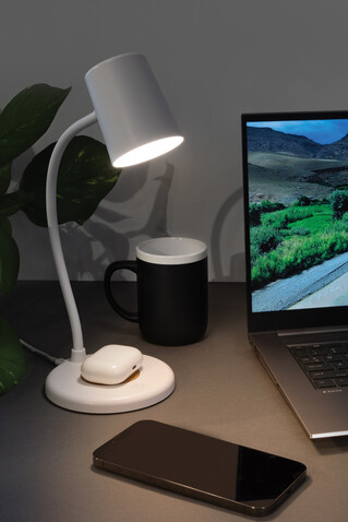 Zenara 15W Schreibtischlampe aus RCS rec. Plastik &amp; Kork weiß bedrucken, Art.-Nr. P514.0303