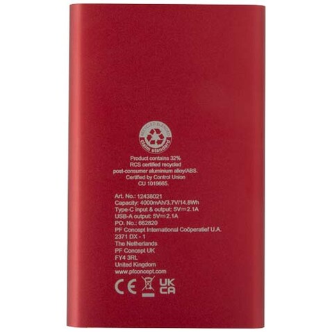 Pep 4000 mAh Type-C Powerbank aus recyceltem Aluminium, rot bedrucken, Art.-Nr. 12438021