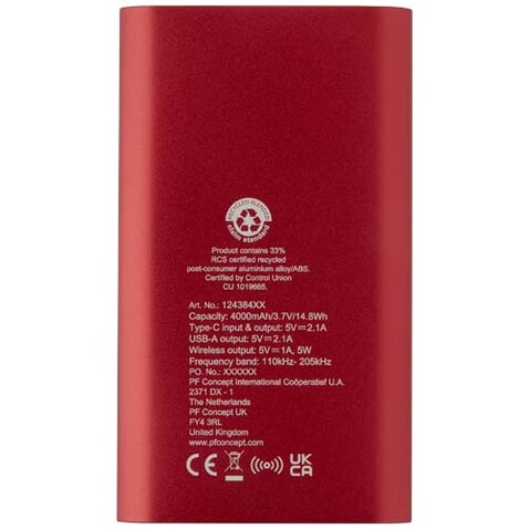 Juice 4000 mAh Typ-C kabellose Powerbank aus recyceltem Aluminium, rot bedrucken, Art.-Nr. 12438421