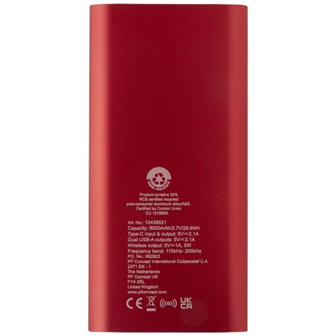 Juice 8000 mAh Typ-C kabellose Powerbank aus recyceltem Aluminium, rot bedrucken, Art.-Nr. 12438521