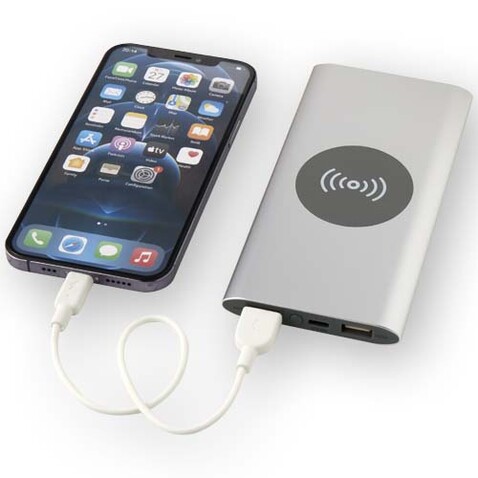 Juice 8000 mAh Typ-C kabellose Powerbank aus recyceltem Aluminium, silber bedrucken, Art.-Nr. 12438581