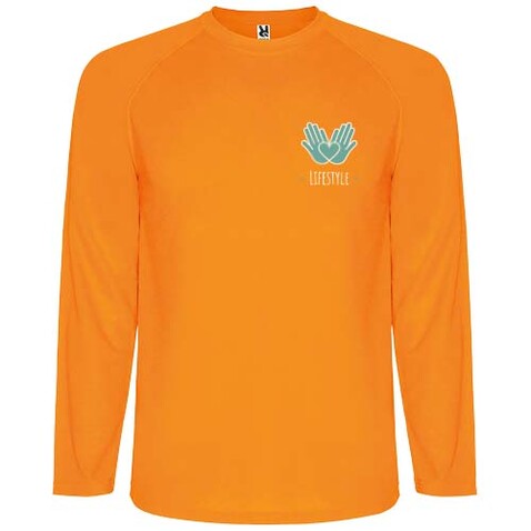 Montecarlo Langarm Sport-Shirt für Männer, Fluor Orange bedrucken, Art.-Nr. R04153L2 Montecarlo Langarm Sport-Shirt für Männer, Fluor Orange bedrucken, Art.-Nr. R04153L2