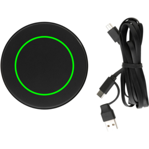 10W Wireless Charger aus RCS Standard recyceltem Kunststoff schwarz bedrucken, Art.-Nr. P308.661