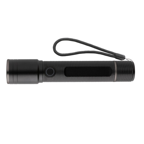 Gear X Taschenlampe aus RCS recycelt. Aluminium mit USB-Akku schwarz bedrucken, Art.-Nr. P513.901