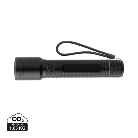 Große Gear X Taschenlampe aus RCS recycelt. Alu mit USB-Akku schwarz bedrucken, Art.-Nr. P513.921