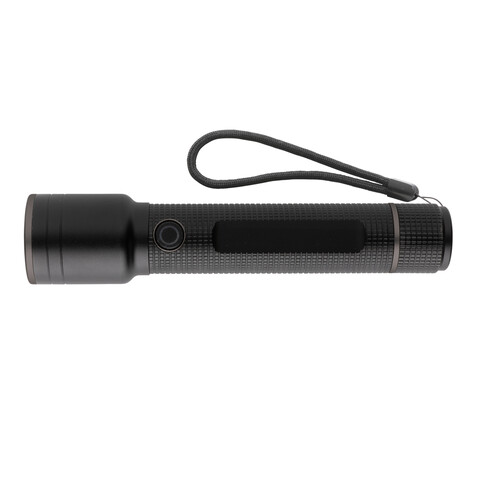Große Gear X Taschenlampe aus RCS recycelt. Alu mit USB-Akku schwarz bedrucken, Art.-Nr. P513.921