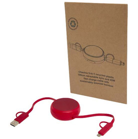 Alasia 100 cm 5-in-1 Kabel aus recyceltem Kunststoff und Aluminium, einziehbar, für Datenübertragung und mit 45W Schnellladung, rot bedrucken, Art.-Nr. 12442021