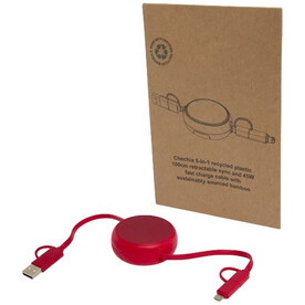 Alasia 100 cm 5-in-1 Kabel aus recyceltem Kunststoff und Aluminium, einziehbar, für Datenübertragung und mit 45W Schnellladung, rot bedrucken, Art.-Nr. 12442021