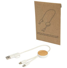 Chechia 30 cm 5-in-1 Kabel aus recyceltem Kunststoff für Datenübertragung und 27W Schnellladung mit Bambusdetails, weiss bedrucken, Art.-Nr. 12442101
