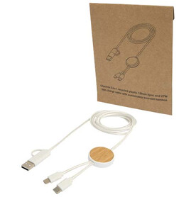 Chechia 150 cm 5-in-1 Kabel aus recyceltem Kunststoff für Datenübertragung und 27W Schnellladung mit Bambusdetails, weiss bedrucken, Art.-Nr. 12442201