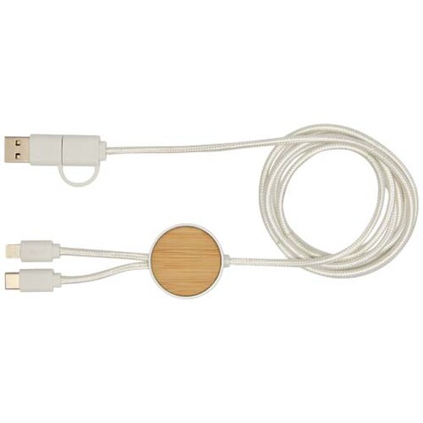 Chechia 150 cm 5-in-1 Kabel aus recyceltem Kunststoff für Datenübertragung und 27W Schnellladung mit Bambusdetails, weiss bedrucken, Art.-Nr. 12442201 Chechia 150 cm 5-in-1 Kabel aus recyceltem Kunststoff für Datenübertragung und 27W Schnellladung mit Bambusdetails, weiss bedrucken, Art.-Nr. 12442201