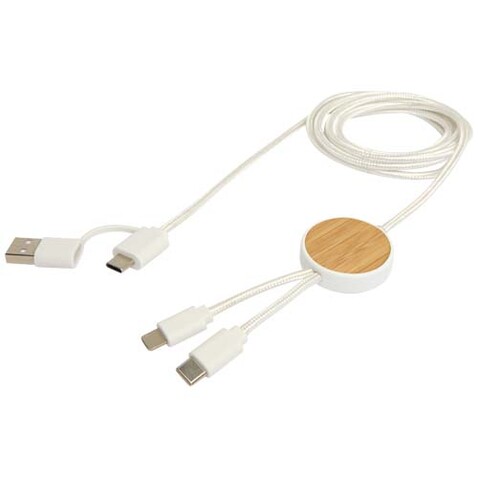 Chechia 150 cm 5-in-1 Kabel aus recyceltem Kunststoff für Datenübertragung und 27W Schnellladung mit Bambusdetails, weiss bedrucken, Art.-Nr. 12442201 Chechia 150 cm 5-in-1 Kabel aus recyceltem Kunststoff für Datenübertragung und 27W Schnellladung mit Bambusdetails, weiss bedrucken, Art.-Nr. 12442201
