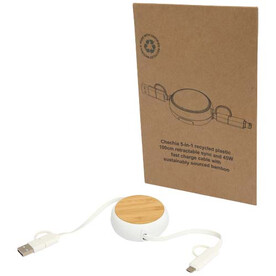 Chechia 100cm 5-in-1 Kabel aus recyceltem Kunststoff, einziehbar, für Datenübertragung und 45W Schnellladung mit Bambusdetails, weiss bedrucken, Art.-Nr. 12441901 Chechia 100cm 5-in-1 Kabel aus recyceltem Kunststoff, einziehbar, für Datenübertragung und 45W Schnellladung mit Bambusdetails, weiss bedrucken, Art.-Nr. 12441901