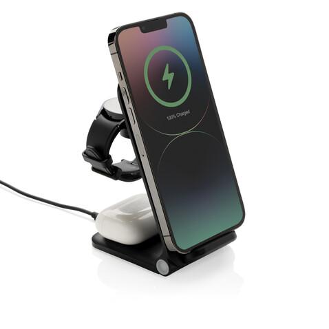 Powerpal 3-in-1 15W-Ladegerät aus RCS recyceltem Kunststoff schwarz bedrucken, Art.-Nr. P309.0601