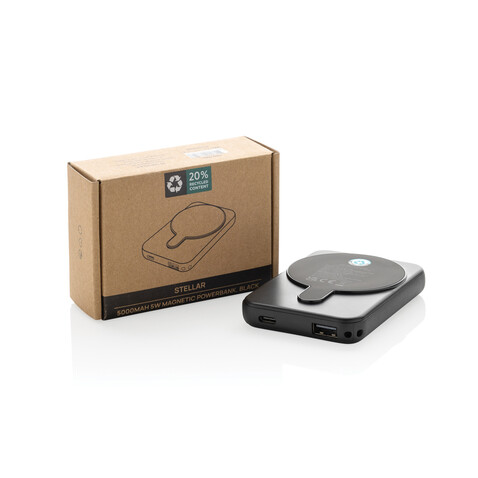 Stellar 5.000mAh 5W magnetische Powerbank aus RCS rec. ABS schwarz bedrucken, Art.-Nr. P322.5901