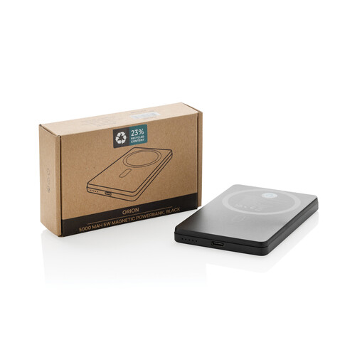 Orion 5.000mAh 5W magnetische Powerbank aus RCS rec. Alu schwarz bedrucken, Art.-Nr. P322.6001