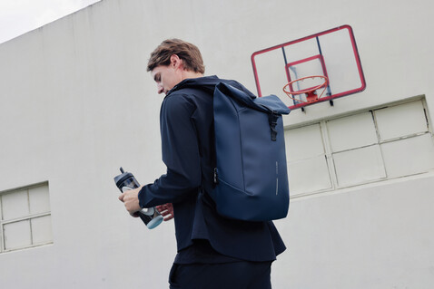 Urban wasserabweisender Flap-Top Rucksack navy blau, schwarz bedrucken, Art.-Nr. P706.2625