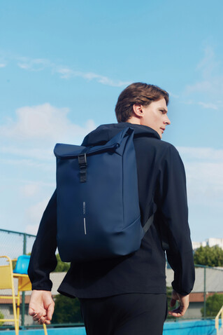 Urban wasserabweisender Flap-Top Rucksack navy blau, schwarz bedrucken, Art.-Nr. P706.2625