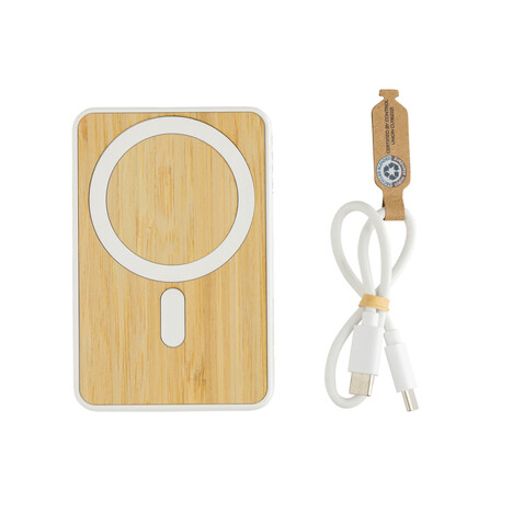 Zen 5000mAh 5W magnetische Bambus-Powerbank aus RCS rPlastik weiß bedrucken, Art.-Nr. P322.9003