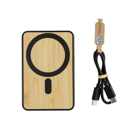 Zen 5000mAh 5W magnetische Bambus-Powerbank aus RCS rPlastik schwarz bedrucken, Art.-Nr. P322.9001