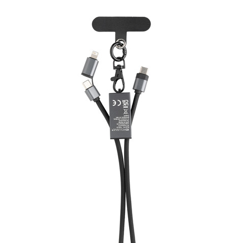 Terra 60Wduales Ladekabel aus RCS recyceltem PET mit Lanyard grau, schwarz bedrucken, Art.-Nr. P302.5402