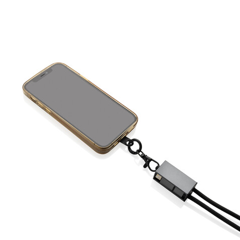 Terra 60Wduales Ladekabel aus RCS recyceltem PET mit Lanyard grau, schwarz bedrucken, Art.-Nr. P302.5402