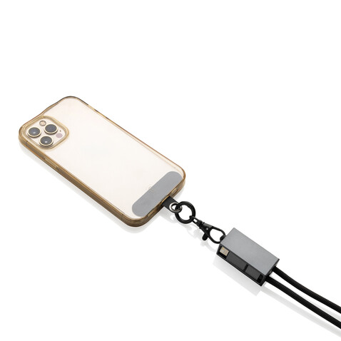 Terra 60Wduales Ladekabel aus RCS recyceltem PET mit Lanyard grau, schwarz bedrucken, Art.-Nr. P302.5402