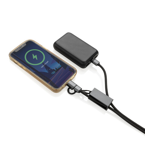 Terra 60Wduales Ladekabel aus RCS recyceltem PET mit Lanyard grau, schwarz bedrucken, Art.-Nr. P302.5402
