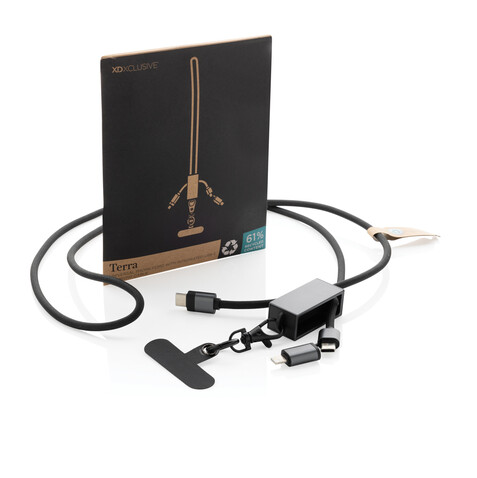 Terra 60Wduales Ladekabel aus RCS recyceltem PET mit Lanyard grau, schwarz bedrucken, Art.-Nr. P302.5402