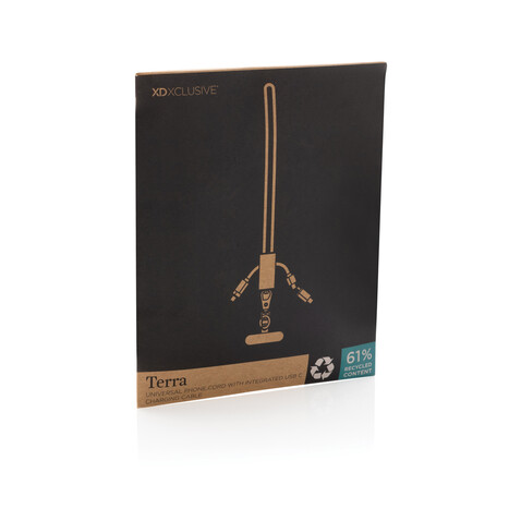 Terra 60Wduales Ladekabel aus RCS recyceltem PET mit Lanyard grau, schwarz bedrucken, Art.-Nr. P302.5402