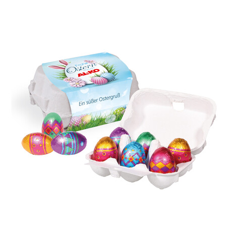 SCHOKO-EIER 6ER MIT KLETT SCHOKOLADE bedrucken, Art.-Nr. 94679