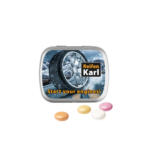 Klappdose, matt-silber, Mentos Kaudragee Fruit bedrucken, Art.-Nr. 1015.00022