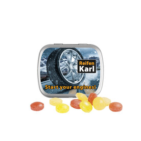 Klappdose, matt-silber, Mini Bonbons Fruchtmix bedrucken, Art.-Nr. 1015.00077