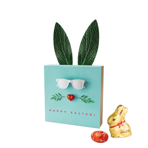 Lindt Präsent im Werbeschuber &quot;Hasenohren&quot;, Kleine Kostbarkeiten Goldhase bedrucken, Art.-Nr. 1057.00012