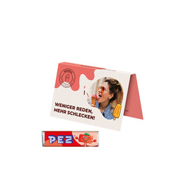 Werbekarte Visitenkartenformat, PEZ Bonbonriegel Erdbeere bedrucken, Art.-Nr. 1145.00028