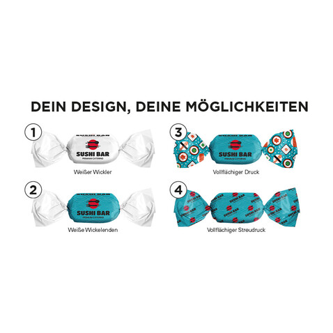 Fruchtmix Bonbon im weißen, kompostierbaren Wickler bedrucken, Art.-Nr. 1207.00007 Fruchtmix Bonbon im weißen, kompostierbaren Wickler bedrucken, Art.-Nr. 1207.00007