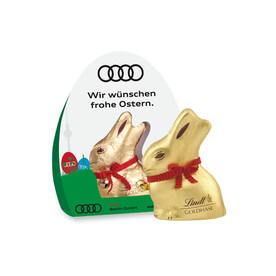 LINDT GOLDHASE IM WERBEAUFSTELLER, 50 g bedrucken, Art.-Nr. 94551