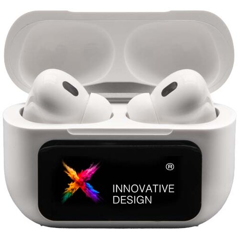 SCX.design E26 ANC-Ohrhörer mit interaktivem Touchscreen-Ladegehäuse, weiss bedrucken, Art.-Nr. 1PX19701