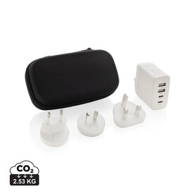 TravelCharge Pro Reiseladegerät mit USB-C aus RCS rec. ABS weiß, schwarz bedrucken, Art.-Nr. P821.0203