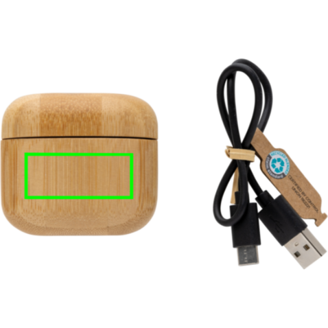 TWS-Kopfhörer aus RCS recyceltem Kunststoff und Bambus braun bedrucken, Art.-Nr. P329.939