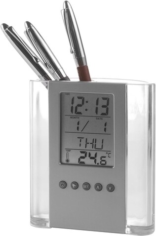 Tischuhr Carter | Stifthalter – Schwarz/Silber bedrucken, Art.-Nr. 050999999_3684