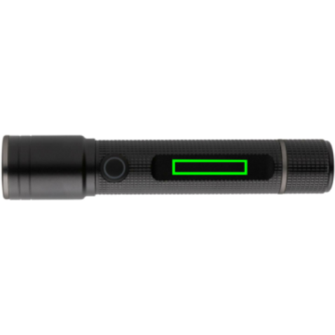 Gear X Taschenlampe aus RCS recycelt. Aluminium mit USB-Akku schwarz bedrucken, Art.-Nr. P513.901