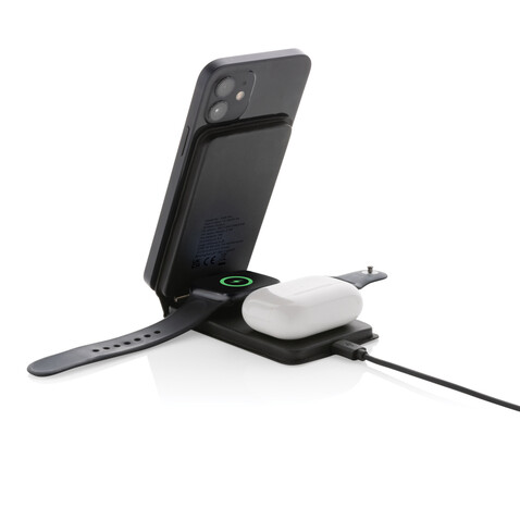 Swiss Peak 15W 3-in-1 magnetischer Wireles Charger aus rPU schwarz bedrucken, Art.-Nr. P308.541