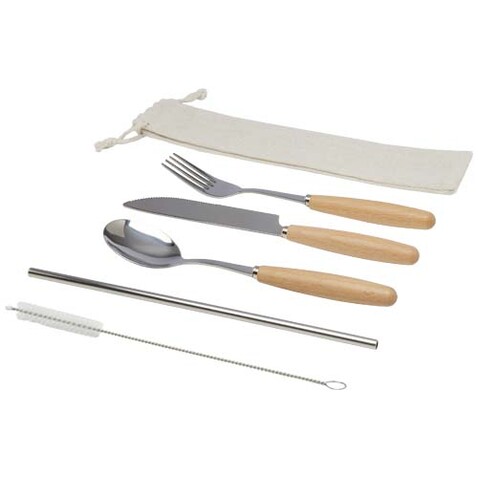 Root 5-teiliges Besteckset aus Edelstahl und Buchenholz, natur bedrucken, Art.-Nr. 11341406