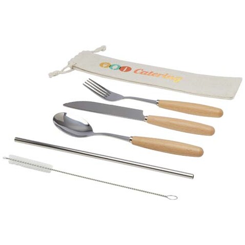 Root 5-teiliges Besteckset aus Edelstahl und Buchenholz, natur bedrucken, Art.-Nr. 11341406